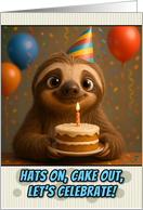 Happy Birthday Sloth with Party Hat and Birthday Cake card