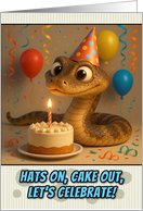 Happy Birthday Snake with Party Hat and Birthday Cake card