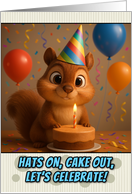 Happy Birthday Squirrel with Party Hat and Birthday Cake card