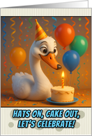 Happy Birthday Swan with Party Hat and Birthday Cake card