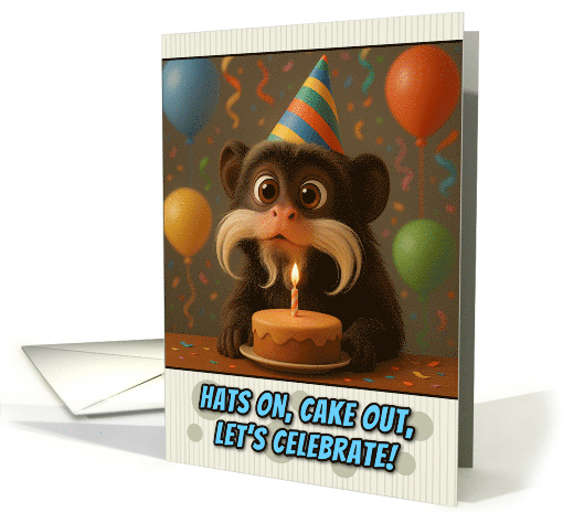 Happy Birthday Tamarin Monkey with Party Hat and Birthday Cake card
