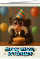 Happy Birthday Tamarin Monkey with Party Hat and Birthday Cake card