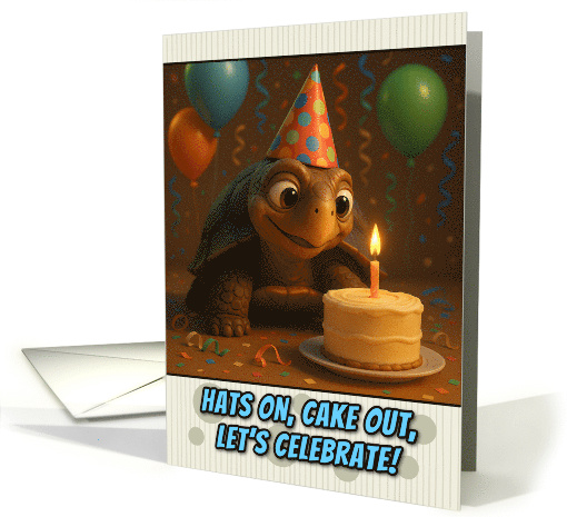 Happy Birthday Tortoise with Party Hat and Birthday Cake card