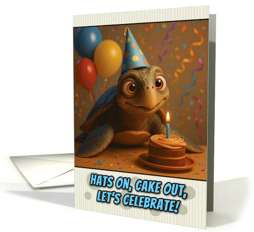 Happy Birthday Turtle with Party Hat and Birthday Cake card (1926440)