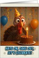 Happy Birthday Turkey with Party Hat and Birthday Cake card