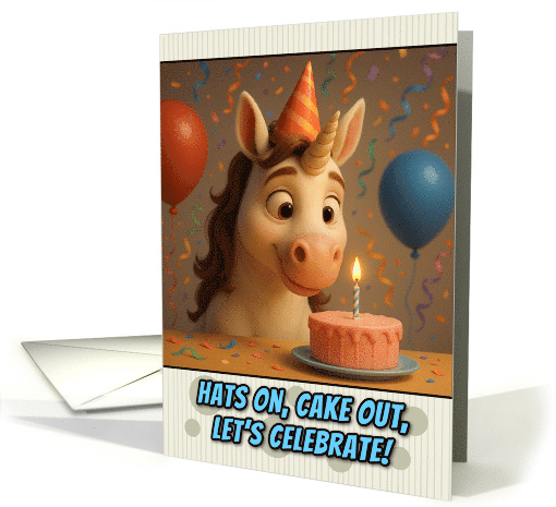 Happy Birthday Unicorn with Party Hat and Birthday Cake card (1926446)