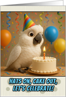 Happy Birthday White Cockatoo with Party Hat and Birthday Cake card
