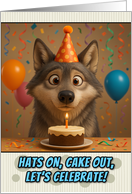 Happy Birthday Wolf with Party Hat and Birthday Cake card
