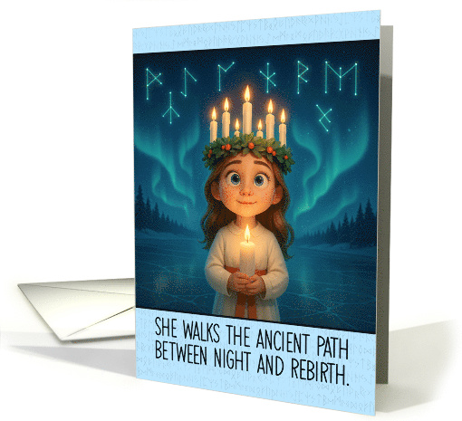 St Lucia Day Mystical Lucia with Candle Crown and Northern Lights card