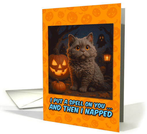 Selkirk Rex Cat Halloween with Carved Pumpkins card (1929178)