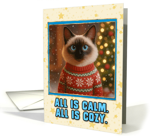 Balinese Cat in Knitted Christmas Sweater Cozy Outdoors Scene card