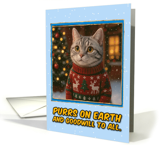 Silver Tabby Cat in Knitted Christmas Sweater Outdoors Scene card