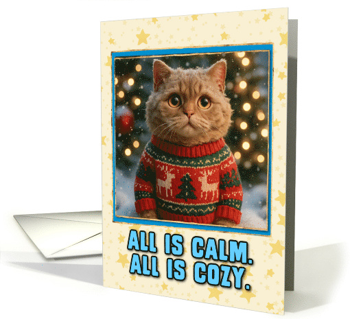 Selkirk Rex Cat in Knitted Christmas Sweater Outdoors Scene card