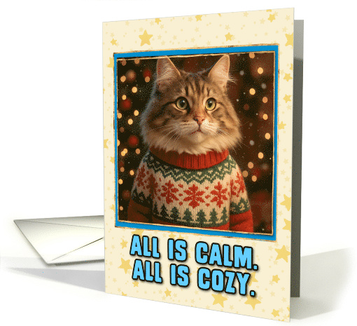 Norwegian Forrest Cat in Knitted Christmas Sweater Outdoors Scene card