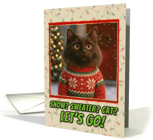 Chantilly Tiffany Cat in Knitted Christmas Sweater Outdoors Scene card
