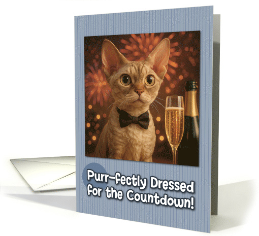 Devon Rex Cat with Bow Tie and Champagne New Year Fireworks card