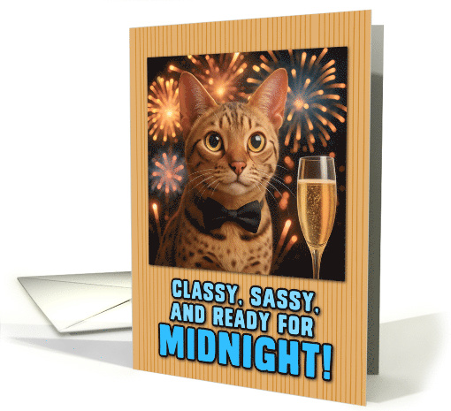 Ocicat with Bow Tie and Champagne New Year Fireworks card (1933892)