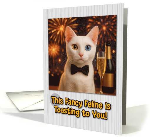 Khao Manee Cat with Bow Tie and Champagne New Year Fireworks card