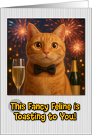 Ginger Cat with Bow Tie and Champagne New Year Fireworks card