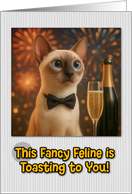 Colorpoint shorthair Cat with Bow Tie and Champagne New Year Fireworks card