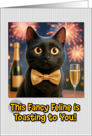 Black Cat with Bow Tie and Champagne New Year Fireworks card