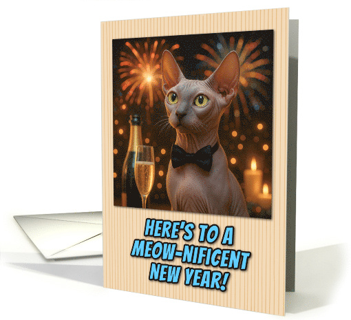 Donskoy Cat with Bow Tie and Champagne New Year Fireworks card