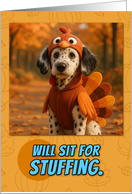 Dalmadoodle Dog in Turkey Suit Thanksgiving Autumn Forest card