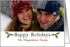 Happy Holidays Holly Leaves Custom Front Family Photo card
