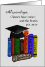 Personalized Name Watercolor Graduation Cap on Books with Diploma card