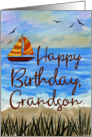 Grandson Happy Birthday Watercolor Beach and Sailboat card