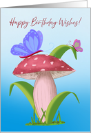 Whimsical Happy Birthday Pink Illustrated Mushroom and Butterflies card