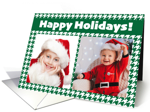 Custom Unique Two Photo Happy Holidays Green Houndstooth card