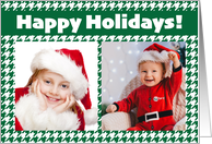 Custom Unique Two Photo Happy Holidays Green Houndstooth card
