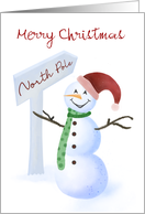 Custom Christmas Watercolor Illustrated Snowman North Pole Sign card