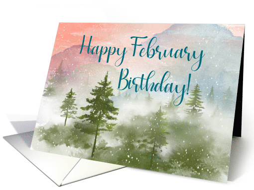 Happy February Birthday Nature Landscape Snowy Mountains card