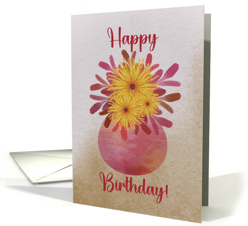 Happy Birthday Watercolor Dandilions and Colorful Leaves in Vase card