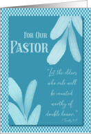 For Our Pastor Blue Checkered Double Honor Scripture Thank You card