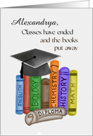 Personalized Name Watercolor Graduation Cap on Books with Diploma card