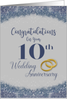 Congratulations 10th Wedding Anniversary Silver Blue Faux Glitter card