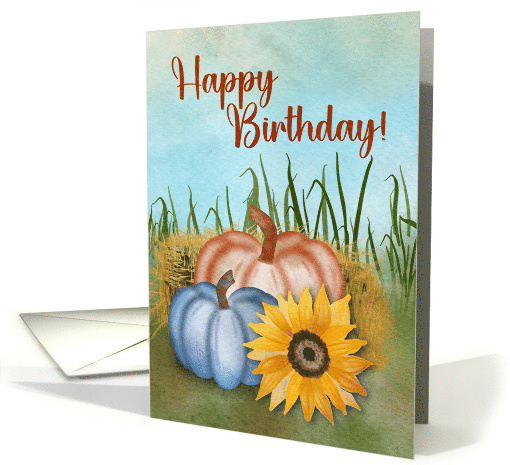 Happy Birthday Watercolor Pumpkin Duo and Sunflower Autumn Theme card