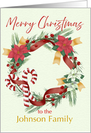 Custom Family Name Merry Christmas Wreath with Poinsettias Candy Canes card