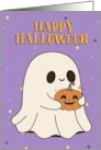Happy Halloween Cute Ghost With Pumpkin Purple card