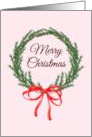 Merry Christmas Wreath With Red Bow Cute Pink card