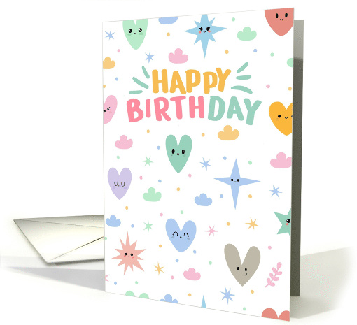 Happy Birthday Cute Smiley Hearts And Stars Pastel Colors card