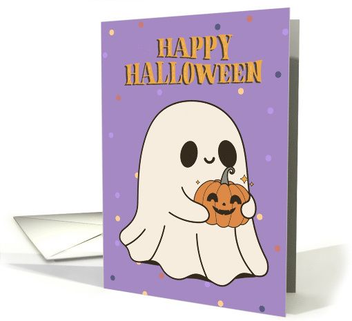 Happy Halloween Cute Ghost With Pumpkin Purple card (1884568)
