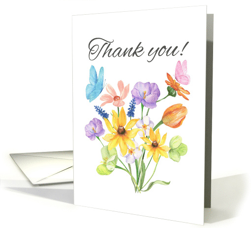 Thank You Colorful Floral Bouquet With Butterflies Watercolor card