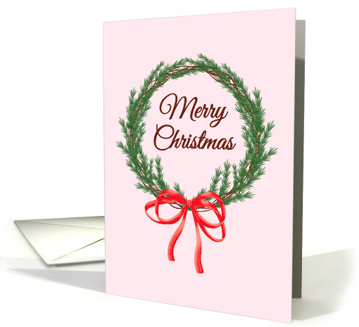 Merry Christmas Wreath With Red Bow Cute Pink card (1892448)