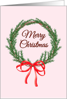 Merry Christmas Wreath With Red Bow Cute Pink card