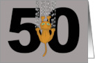 Funny 50th Birthday Card With A Cartoon Cat Shredding The Number card
