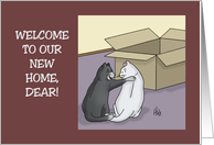 Funny Blank Note Card With Two Cats Looking At A Box Our New Home card